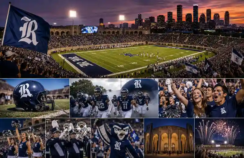 Rice Owls football fans cheering inside Rice Stadium during a nighttime college football game with packed stands, illuminated field lights, marching band performances, tailgating scenes, and the Houston skyline glowing in the background.
